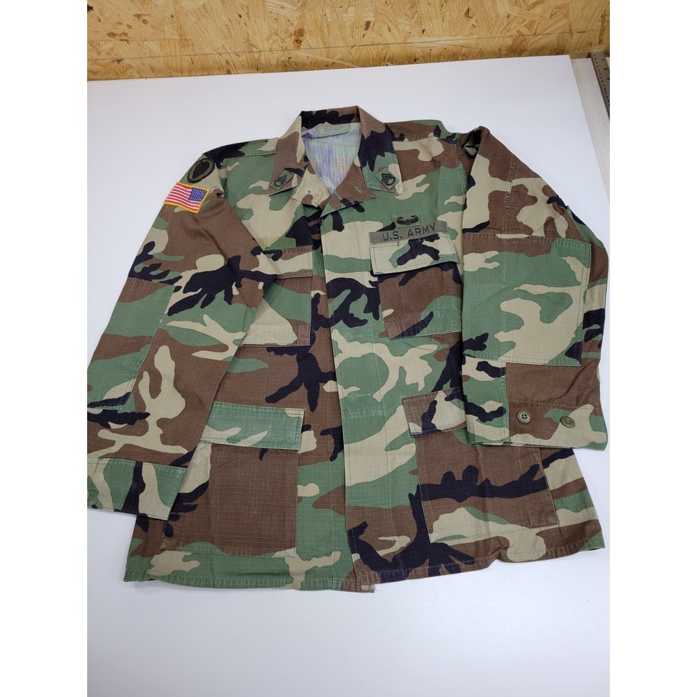 Vintage US Army Woodland Camo BDU Coat SGT Airborne 101st Patches Medium Regular